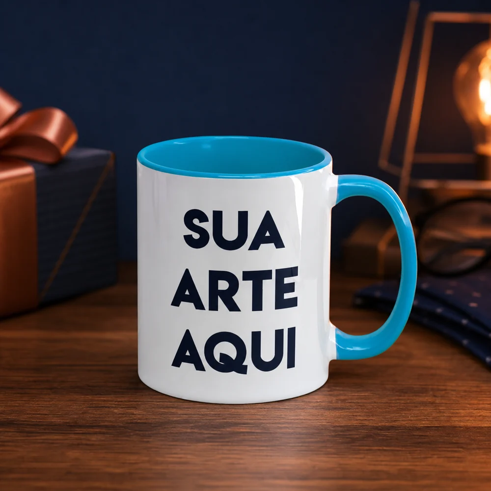 Mockup da caneca personalizada com alça e interior azul